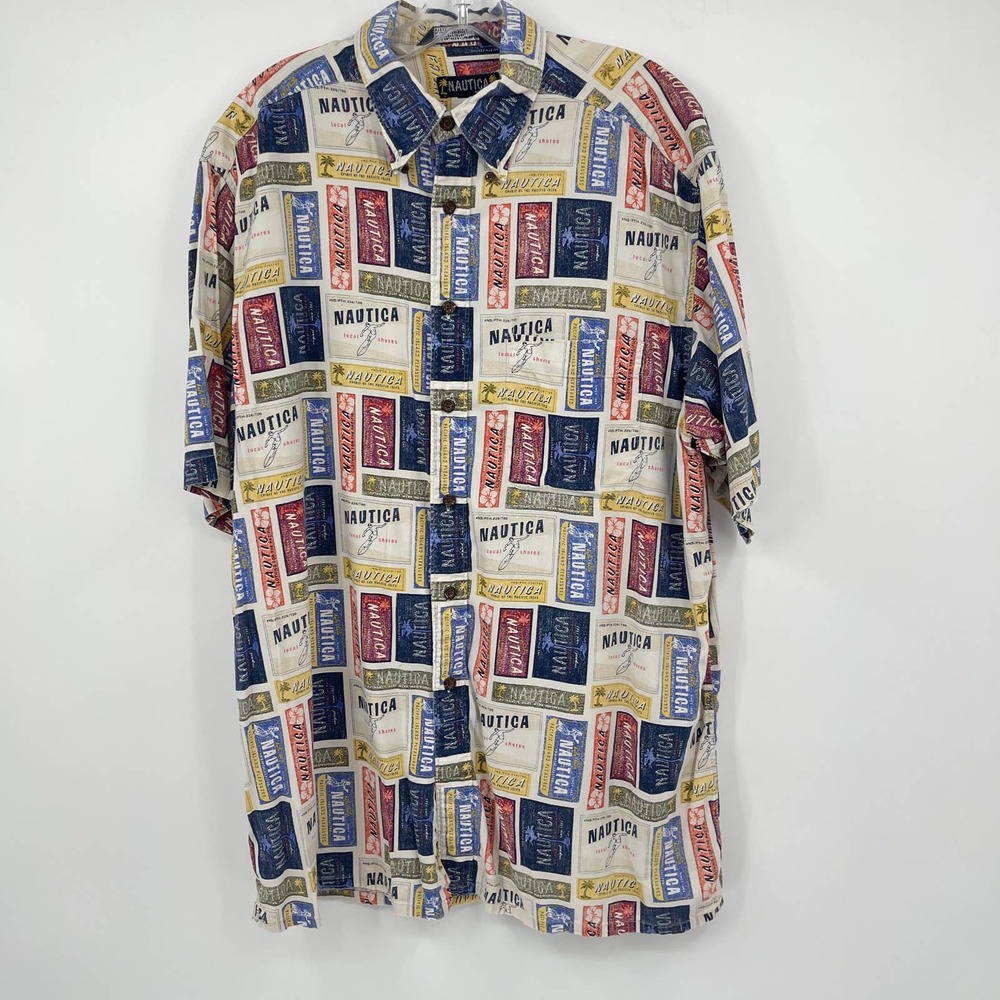 Nautica Hawaiian Shirt Mens Large Vintage Postcards Logo Coconut Buttons